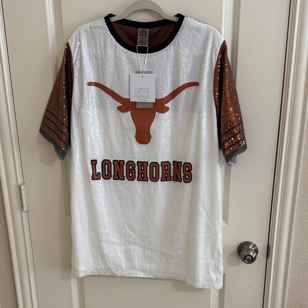 Gameday CoutureWhite and Orange Longhorns Sequin Shift Dress NWT Large Sold Out!